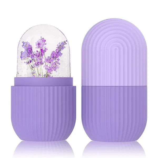 Purple Silicone Ice Bath roller with lavender insert, skincare tool for reducing puffiness and tightening pores.