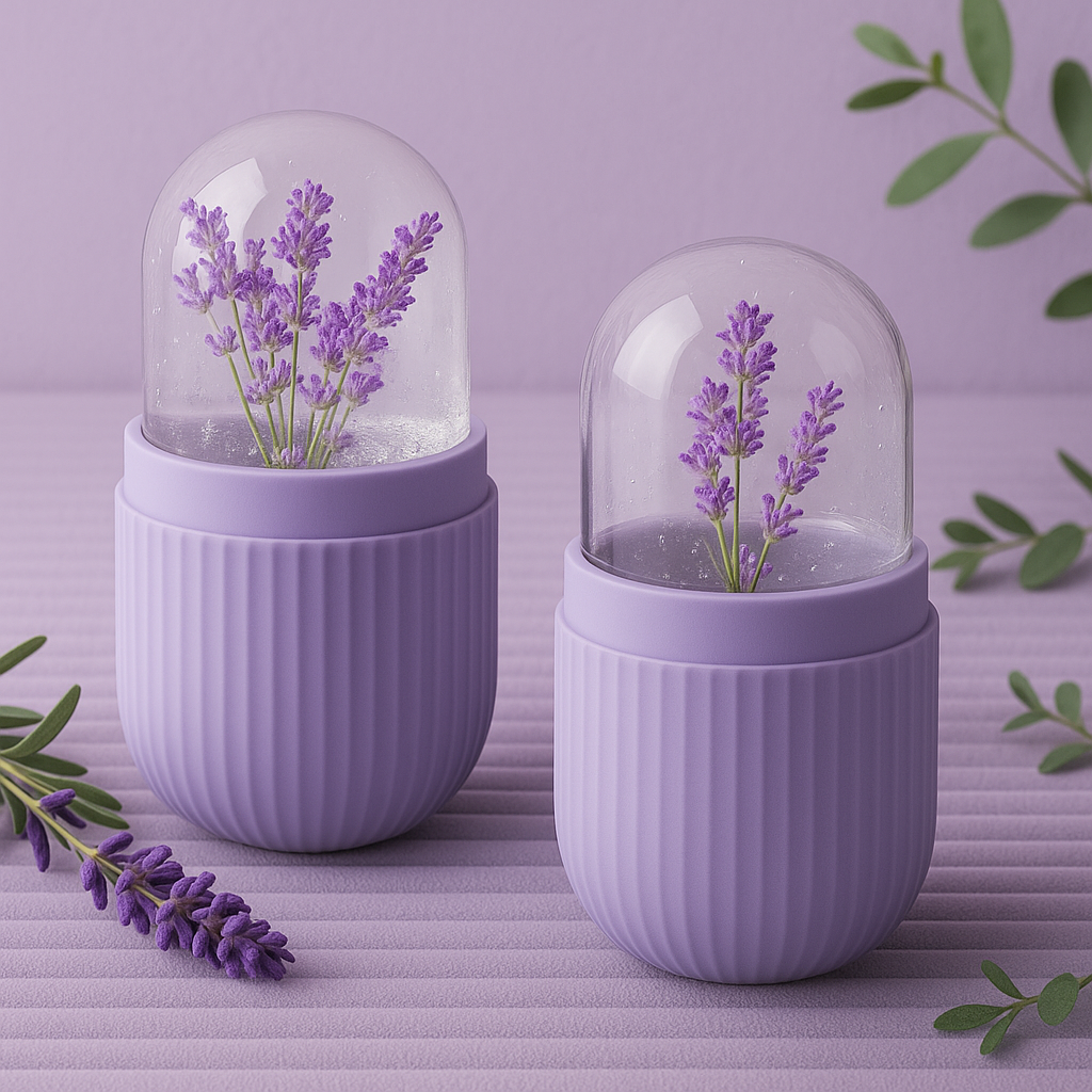 Ice bath facial product lavender displayed on a purple spa background, highlighting cooling, tightening, and refreshing skin benefits.