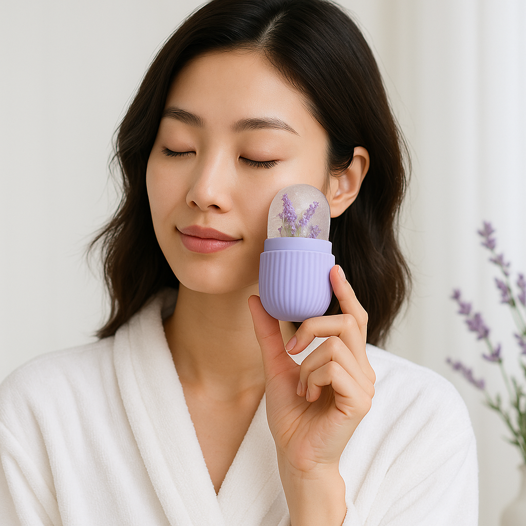Model applying purple Ice Bath Roller to her face, showing skincare benefits for cooling and reducing puffiness